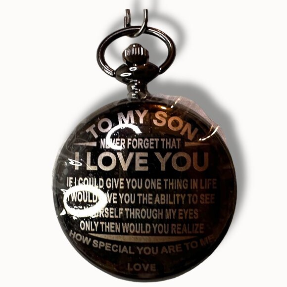 Pocket Watch w/ Chain "To My Son Never Forget That I Love You" Quartz Movement - Picture 8 of 9